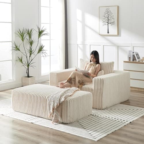 Beige Oversized Chaise LoungeChair with Ottoman, Deep Seat Sofa