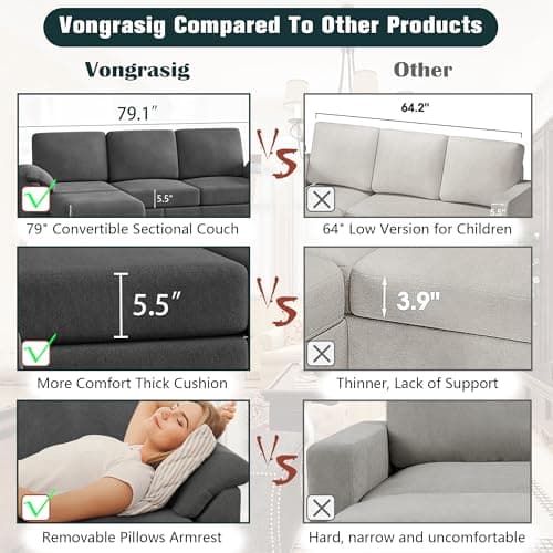 Vongrasig 79" L-Shaped Convertible Sofa, 3 Seater Linen Fabric Couch (Bk)
