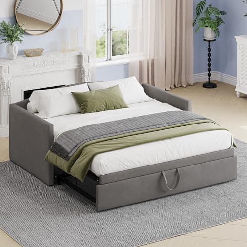 Beige Merax Twin Size Extended Pop Up Trundle Daybed Sofabed