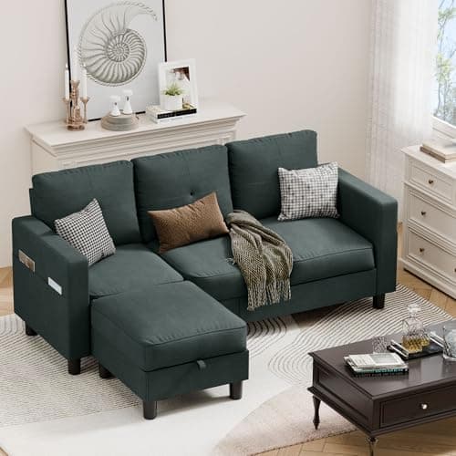 JAMFLY 3-Seat L-Shaped Sectional Sofa with Ottoman, Blue