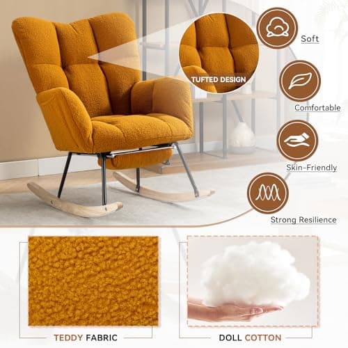 JEEOHEY Teddy Glider Rocking Chair with Footrest and High Backrest for Nursery, Living Room, and Bedroom (Caramel)