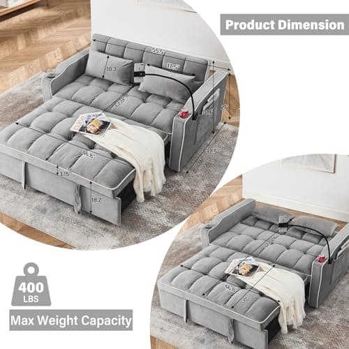 3-in-1 Velvet Convertible Sofa Bed with Storage & USB Port, Gray