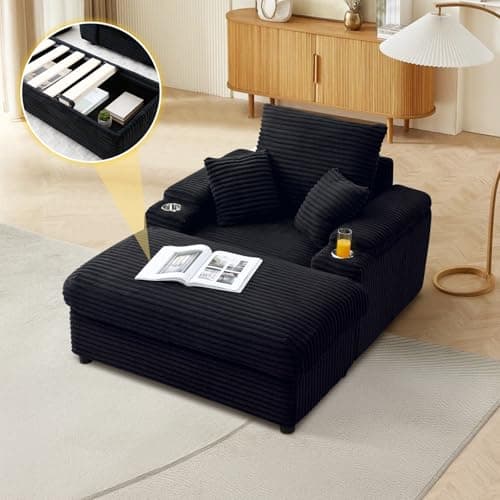 Cozy Blue Chaise Lounge Chair with Storage Ottoman & Cup Holders