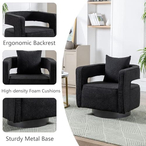Black 360 Degree Swivel Teddy Accent Chair with Pillow