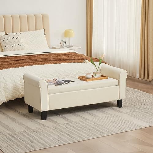 51'' Tufted Upholstered Storage Bench for Bedroom Living Room, Off White Velvet