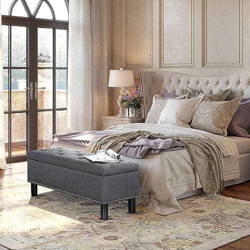 Furnimart 42.5 Inch Tufted Linen Ottoman Bench, Flip Top Storage for Bedroom
