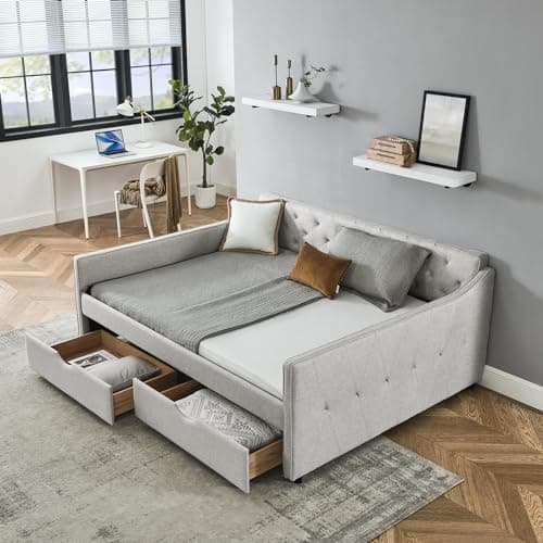 Queen Size Daybed with 2 Drawers, Upholstered Sofa Bed with Button Back and Waved Arms, Wood Slat Support - Grey
