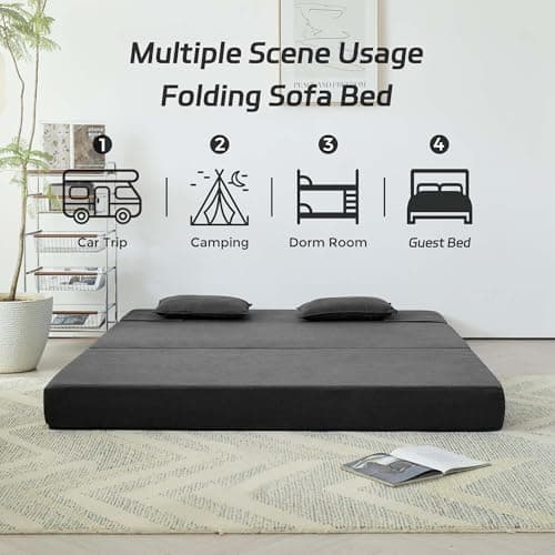 3-in-1 Foldable Sofa Bed, Dark Gray Queen Mattress, Memory Foam Cushion, Living Room Essential