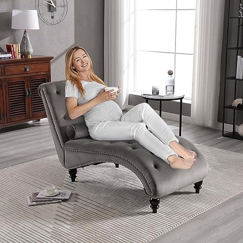Modern Velvet Chaise Lounge Chair for Living Room or Bedroom - Grey