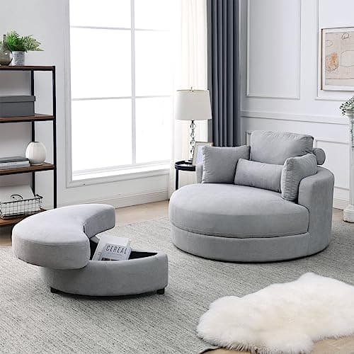 Triple Tree Modern Swivel Lounge Chair with Half Moon Storage, Linen Fabric, White