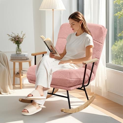 VECELO Beige Teddy Fabric Large Glider Rocking Chair