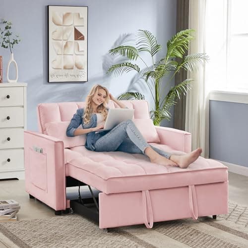 Convertible Sleeper Sofa Bed with Adjustable Backrest, Velvet Upholstered, Pink, 53