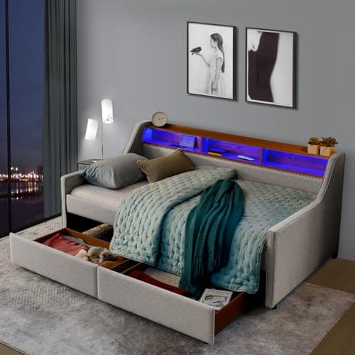 Antetek Beige Upholstered Daybed with Storage & USB Charging, Modern Living Room Sofa Bed