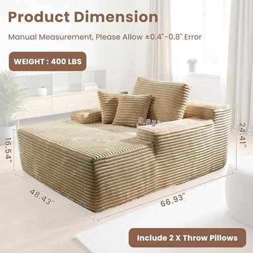 Oversized Cloud Couch, 67" Beige Upholstered Bed Sofa (Plush Corduroy)