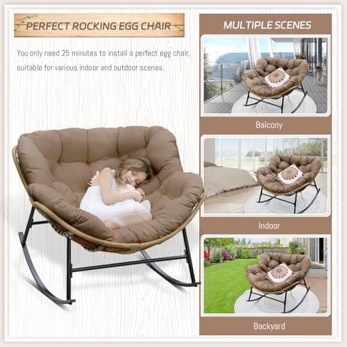 BULEXYARD Brown Wicker Royal Rocking Egg Chair, Oversized & Cozy for Balcony & Porch