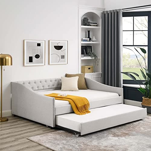 Antetek Beige Full Size Linen Daybed with Trundle, Button-Tufted Sofa Frame