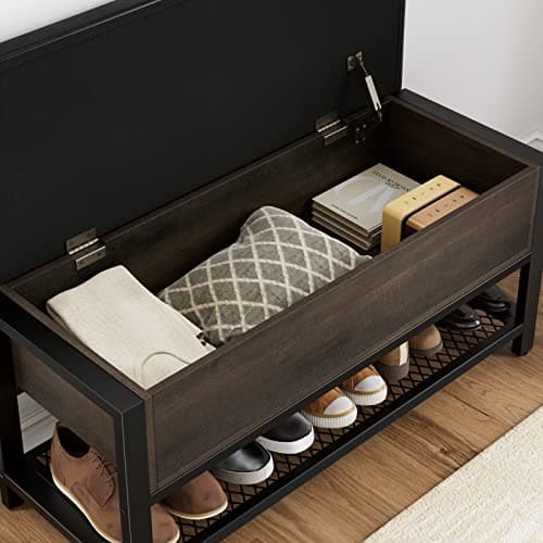 Dark Brown HOSTACK Entryway Shoe Bench with Flip-Open Storage
