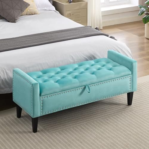 Dusty Blue Velvet Storage Bench with Bedside Ottoman Legs