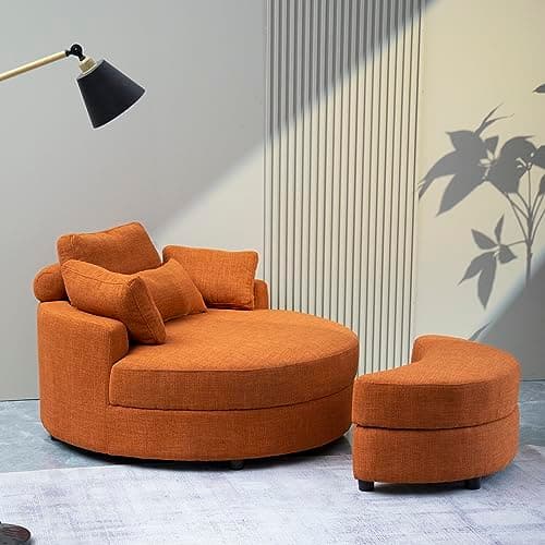 360° Swivel Barrel Chair with Half Moon Ottoman - 39W Sherpa Teddy Upholstered Accent Chair for Living Room, Bedroom, Office, and Reading Nook