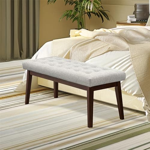 Upholstered Bedroom Bench with Linen Tufted Ottoman and Solid Wood Leg
