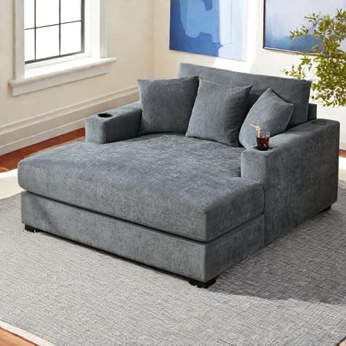 Oversized Blue Gray 55" Chaise Lounger with Chenille Fabric & Charging Station