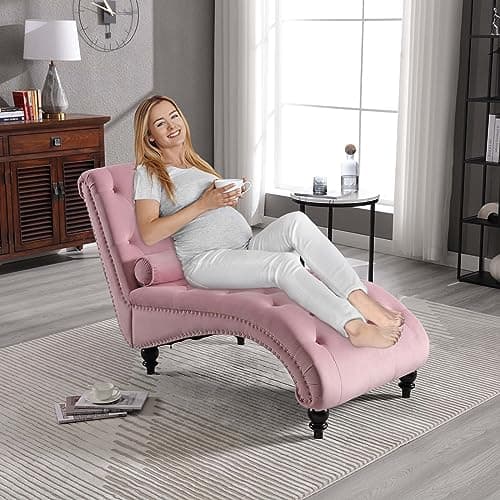 Pink Velvet Chaise Lounge Chair with Lumbar Pillow for Living Room or Bedroom