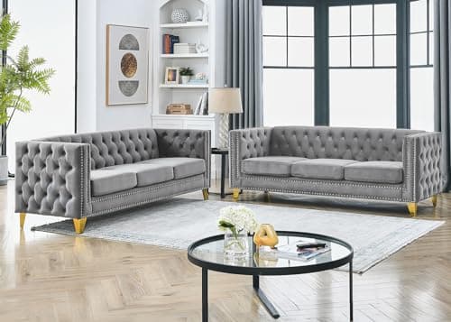 Velvet Chesterfield Sofa Set, 2-Piece Oversized Seater with Nailhead Detail (Grey)