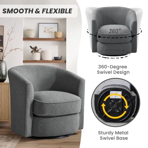 Furniliving 360° Swivel Grey Accent Chair, Comfortable Sherpa Upholstered Barrel Sofa