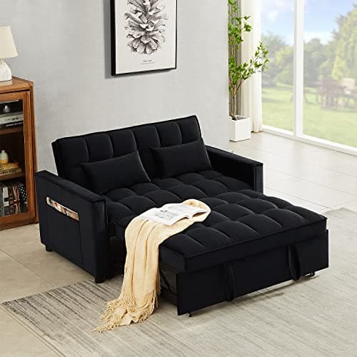 Modern Grey Velvet Sleeper Sofa with Pull Out Bed for Small Spaces