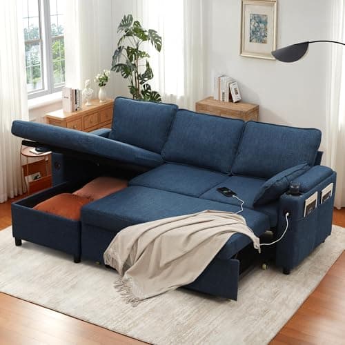 DURASPACE Blue Linen L-Shaped Sofa Bed with Storage (USB, Cup Holder)