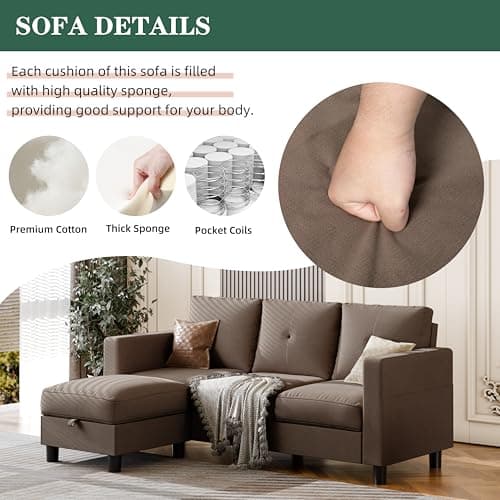 JAMFLY Brown L-Shaped Sectional with Storage for Small Spaces