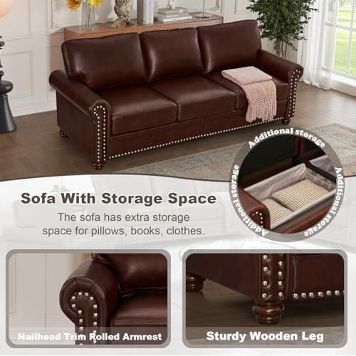 Modern Faux Leather Sofa with Storage - Burgundy