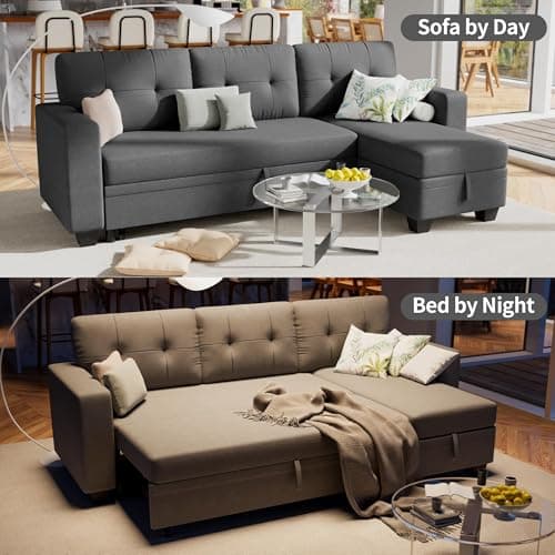 Furniwell L-Shaped Sleeper Sofa with Storage Lounge, Gray Linen (Living Room, Small Space)
