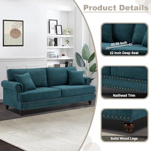 78 Comfy 3 Seater Sofa Couch Chenille Fabric Upholstered Mid Century Modern Sofa Living Room Furniture Sets Green