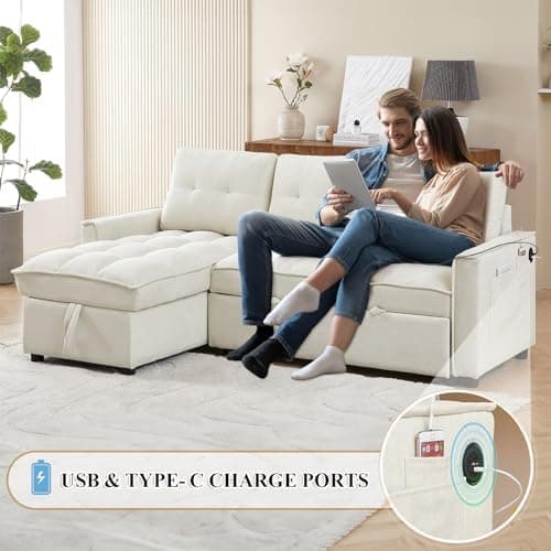 Convertible Sectional Sleeper Sofa Couch with Pull Out Bed,78" Tufted Chenille L Shaped Couch w/ Reversible Storage Chaise&USB/Type C Charge Port for Living Room,Office,Apartment(3-Seater,Beige)