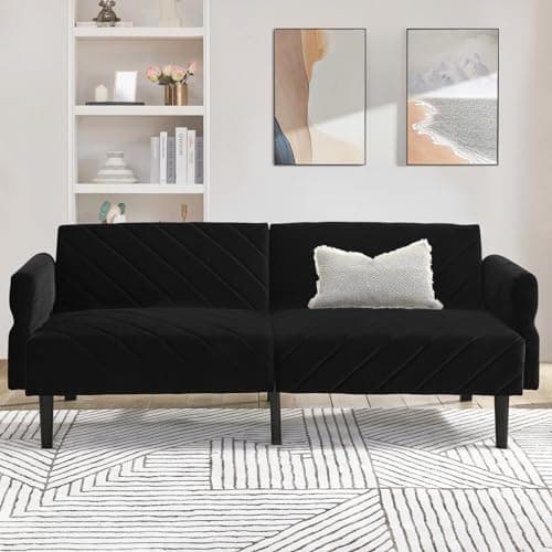 Oversized Velvet Futon Sofa Bed, 78 Convertible 3 Seat Sleeper - Black