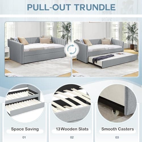 Linen Twin Size Daybed with Trundle - Grey Upholstered Wood Frame for Living Room/Bedroom/Guest Room