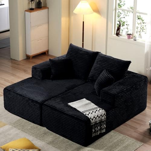 Oversized Black Chaise Lounge Chair, Recliner with Pillows, Fluffy Loveseat Sofa
