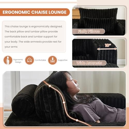 Oversized 48.5 Indoor Chaise Lounge Chair with Ottoman - Plush Corduroy Sofa for Living Room (Black)