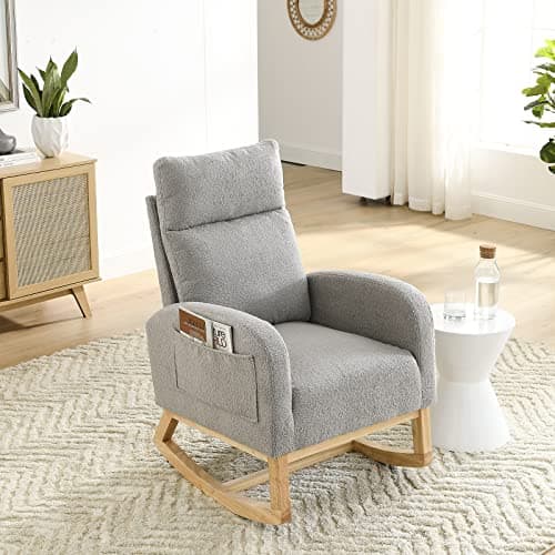 Modern White Fabric Upholstered Rocking Glider Chair with Side Pockets