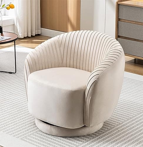Elegant Ivory Barrel Swivel Chair with Velvet Upholstery and Smooth 360° Rotation