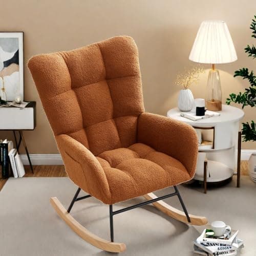Teddy Upholstered Glider Rocking Chair with High Backrest, Armrest & Side Pockets