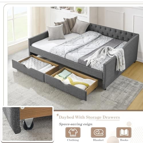 JEEOHEY Grey Linen Button Tufted Queen Daybed with Storage & Nailhead Trim