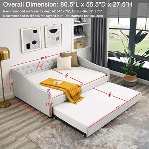 Antetek Beige Full Size Linen Daybed with Trundle, Button-Tufted Sofa Frame