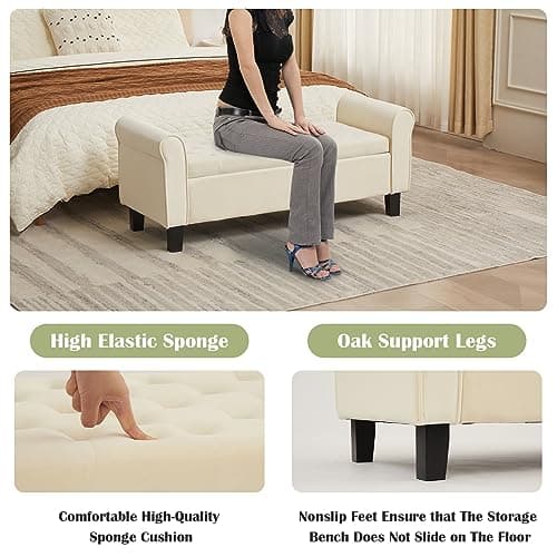 51'' Tufted Upholstered Storage Bench for Bedroom Living Room, Off White Velvet