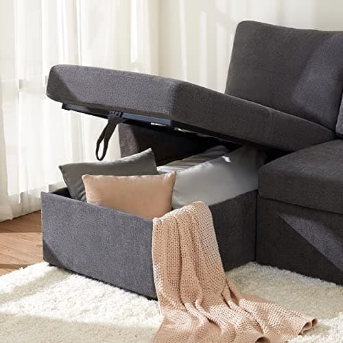 VanAcc 2-in-1 Sleeper Sofa Bed with Storage Chaise - Grey Linen Couch for Living Room