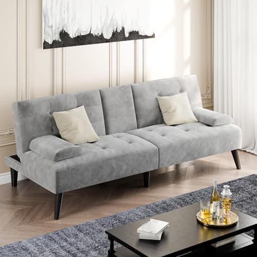 Shintenchi Dark Gray Velvet Reclining Sofa Bed with Foldable Arms