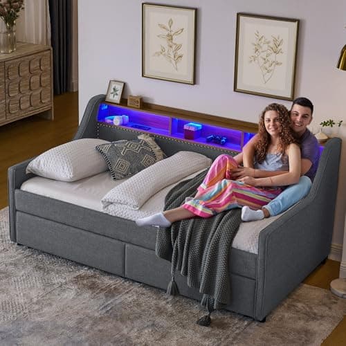 JEEOHEY Grey Twin Size Daybed with Storage & Charging, Linen Upholstered Modern Sofa Bed Frame
