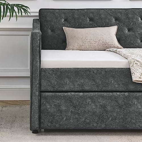 JEEOHEY Modern Tufted Velvet Daybed with Trundle, Twin Size, Grey