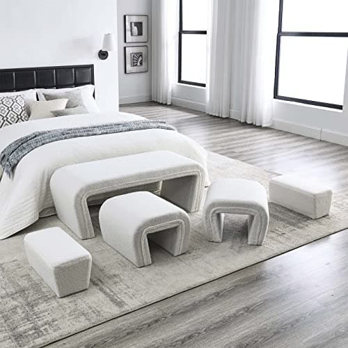 Upholstered Ottoman Bench Set with 2 Small Stools and Footrests
